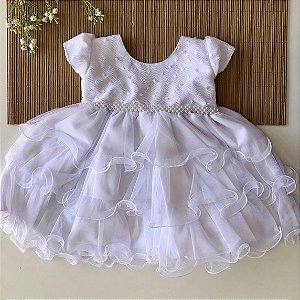 Vestido Baby Branco Renda Camadas Batizado