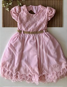 Vestido Infantil de Festa Rosa Renda e Strass