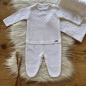 Saída Maternidade de tricô Macacão Trançado Branco Luxo
