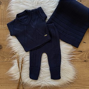 Saída Maternidade de tricô Menino Colete Losango Azul Marinho