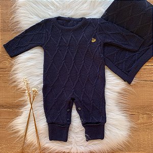Saída Maternidade de tricô Menino Azul Marinho Losango