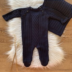 Saída Maternidade de tricô Menino Azul Marinho trança