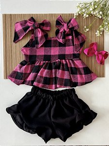 Conjunto Peplum Xadrez Black/Pink