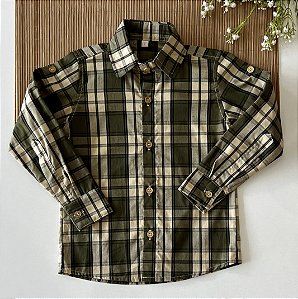 Camisa tradicional manga longa xadrez verde militar