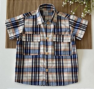 Camisa Xadrez Manga Curta Azul Marinho com Salmão