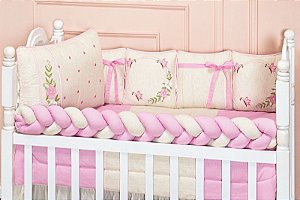 Kit Berço 11 Peças Com Trança Flor Encanto Linho Rosa