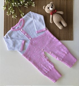Macacão de Tricô Botão Rosa com Branco
