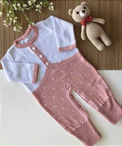 Macacão de Tricô Botão Rose com Branco