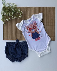 Conjunto Body e Shorts Natural com Azul Jeans Ursinho