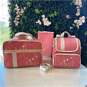 Kit Bolsa Maternidade Jasmim Jardim Bordada Goiaba