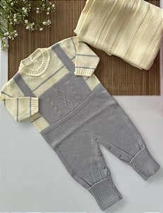 Saída Maternidade de Tricô Jardineira Amarelo com Cinza