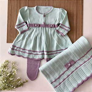 Saída de Maternidade de Tricô Sofia Verde Tifanny com Lilás