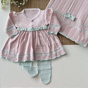 Saída de Maternidade de Tricô Sofia Rosa com Verde Tifanny