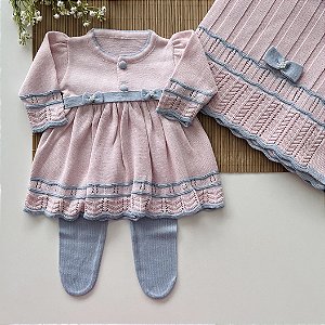 Saída de Maternidade de Tricô Sofia Rosa com Azul