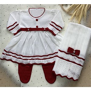 Saída de Maternidade de Tricô Sofia Branca com Vermelho