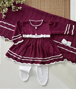 Saída de Maternidade de Tricô Sofia Fuscia com Branco
