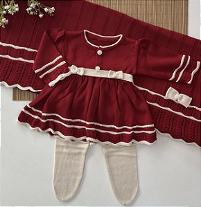 Saída de Maternidade de Tricô Sofia Vermelha com Creme