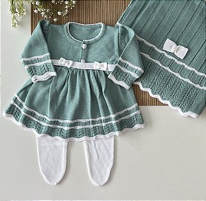 Saída de Maternidade de Tricô Sofia Verde Meré com Branco