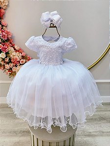 Vestido de Festa Infantil Branco Batizado Daminhas