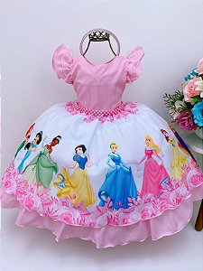 Vestido Infantil Princesas Rosa Disney Com Tiara