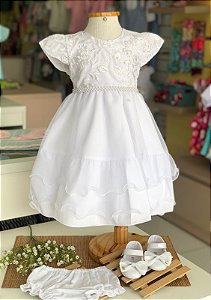 Vestido Infantil de Festa Branco Batizado Renda