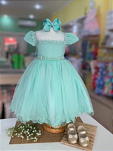 Vestido de Festa Infantil Verde Tifanny Aplique Flores