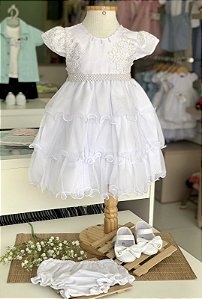 Vestido de Festa Infantil Branco Batizado Camadas