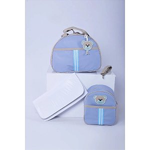 Kit Bolsa Bordada Três Peças Urso azul bebê