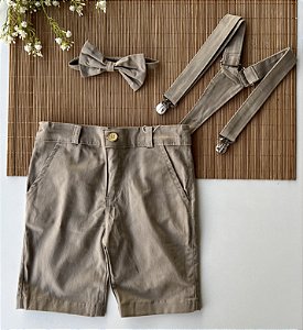 Kit Batizado Caqui Bermuda Suspensório Gravata