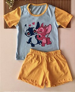 Pijama Curto Infantil Stitch Azul com Laranja