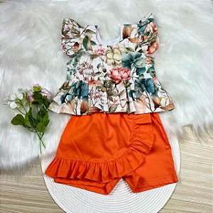 Conjunto Julia Bordado Floral Laranja