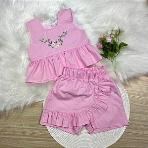 Conjunto Julia Bordado Rosa