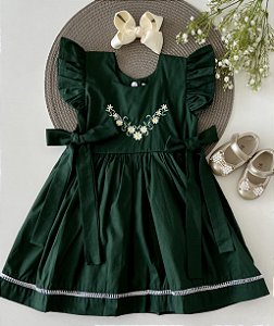 Vestido Ponto Palito Verde Bordado