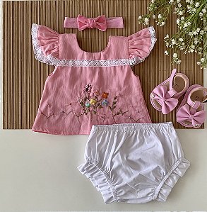 Conjunto Baby Bata Rosa com Calcinha