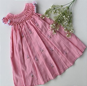 Vestido Bebê Artesanal Casinha de Abelha Rosa| Bordado Delicado à Mão | Clássico, Elegante e Confortável