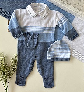 Kit Saida Maternidade de Tricô Masculina Completa Tricolor Azul
