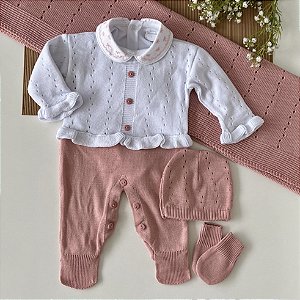 Kit Saida Maternidade de Tricô Completa Branca Com Rose