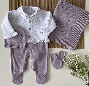 Kit Saida Maternidade de Tricô Completa Lilás Com Branco