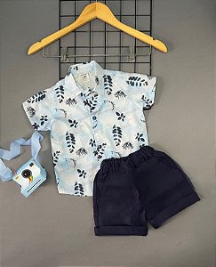 Conjunto Mauricinho Bata Floral Azul Short Marinho