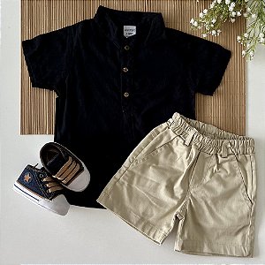 Conjunto Mauricinho Bata Linho Preta Short Areia
