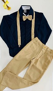 Conjunto Social Infantil Marinho com Caqui Linho