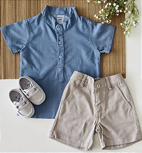Conjunto Mauricinho Bata azul Jeans Short Areia