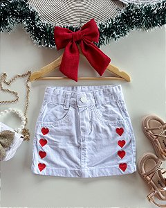 Saia Jeans Branca Coração Vermelho