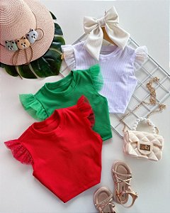 Cropped Canelado Vermelho com tule