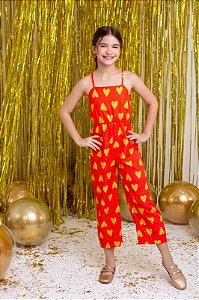 Macacão Yara Vermelho com Corações  dourado