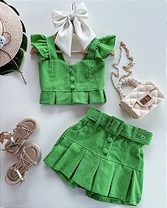 Conjunto linho short saia Verde Bandeira acompanha cinto