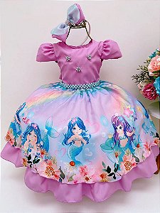 Vestido Infantil Sereia Lilás Cinto Pérolas C/ Tiara S
