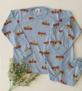 Pijama Infantil Estampado com Punho Feminino Azul Borboletas