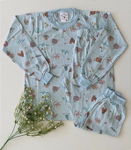 Pijama Infantil Estampado com Punho Feminino Azul Corações