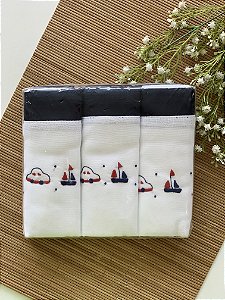Kit Fralda Luxo 3 Peças Bordada Barquinho Marinho